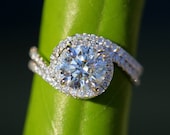 Wedding Set - 14k White gold - Diamond Engagement Ring and matching band- Halo - UNIQUE - Thin Swirl - Pave - Weddings- Luxury - Bp0013