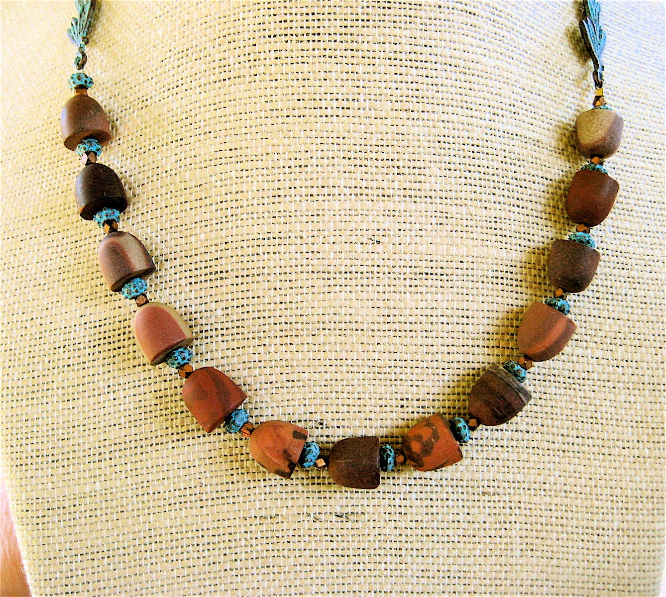 Printstone Jasper Necklace with Verdigris Patina Olive Leaves and Copper Rare Australian Jasper Matching Earrings Gemstone Jewelry