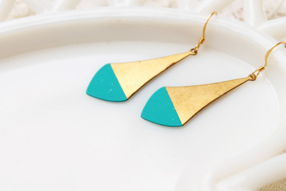 Pointed Teal Color Dipped Brass Dangle Earrings
