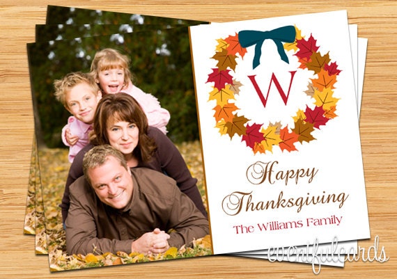 Thanksgiving Leaves Wreath Photo Card - Monogram - Printable Il_570xn