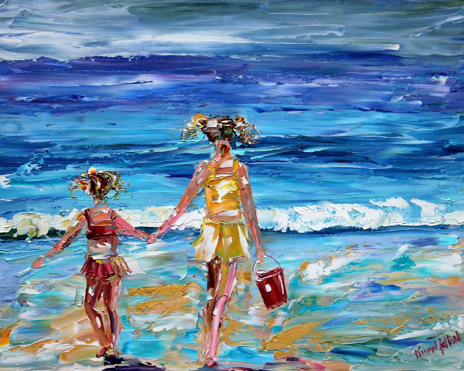 Fine art Print Beach Babes 8 x 10 from oil painting by Karen Tarlton - impressionistic palette knife art