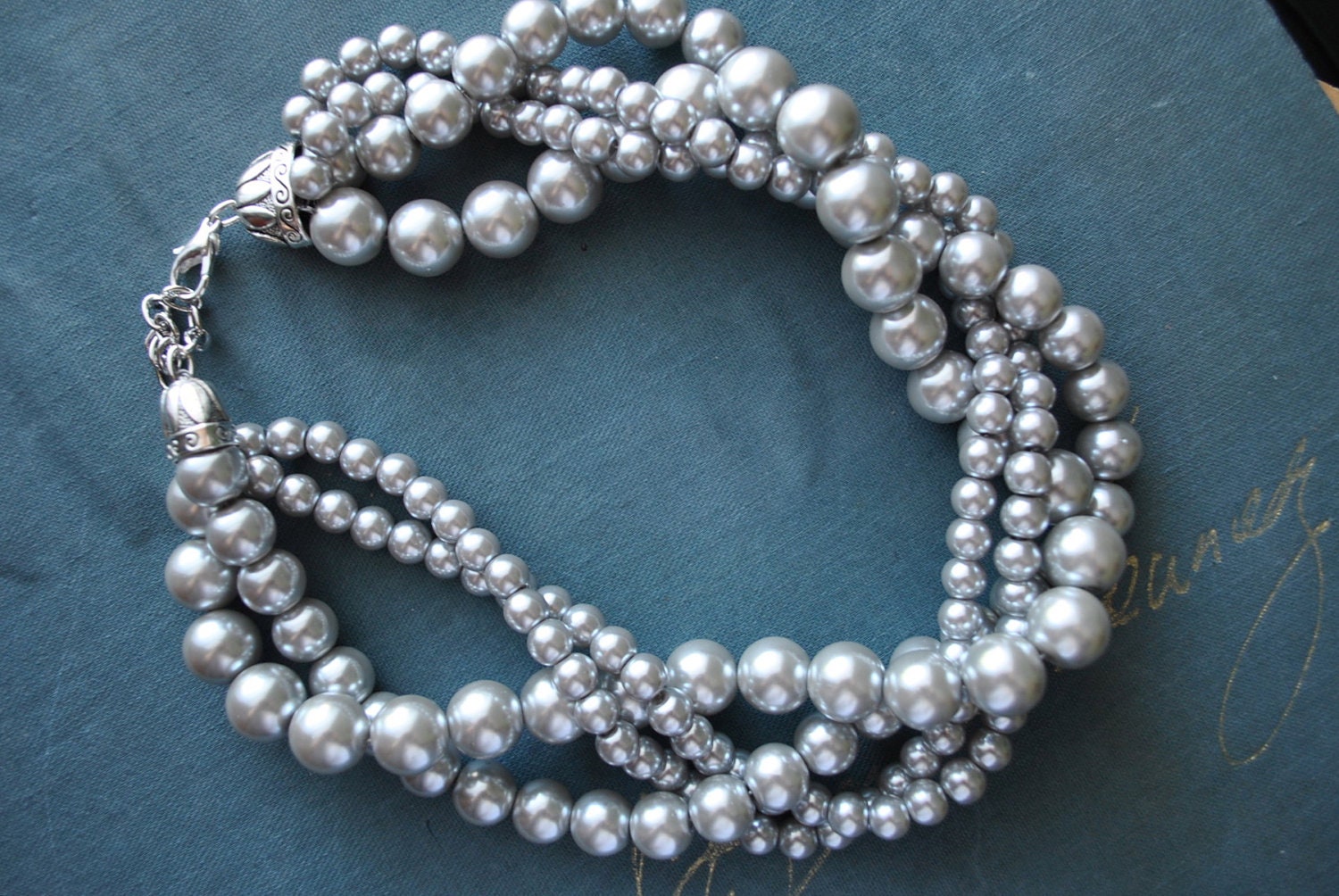 Light Grey Chunky Pearl Twist -4 Strand- Charcoal Pearl Twisted Statement Necklace