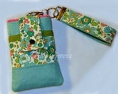 Aqua - Pink - Jade - Green Floral Phone Case with Wristlet and Back Zipper Pocket