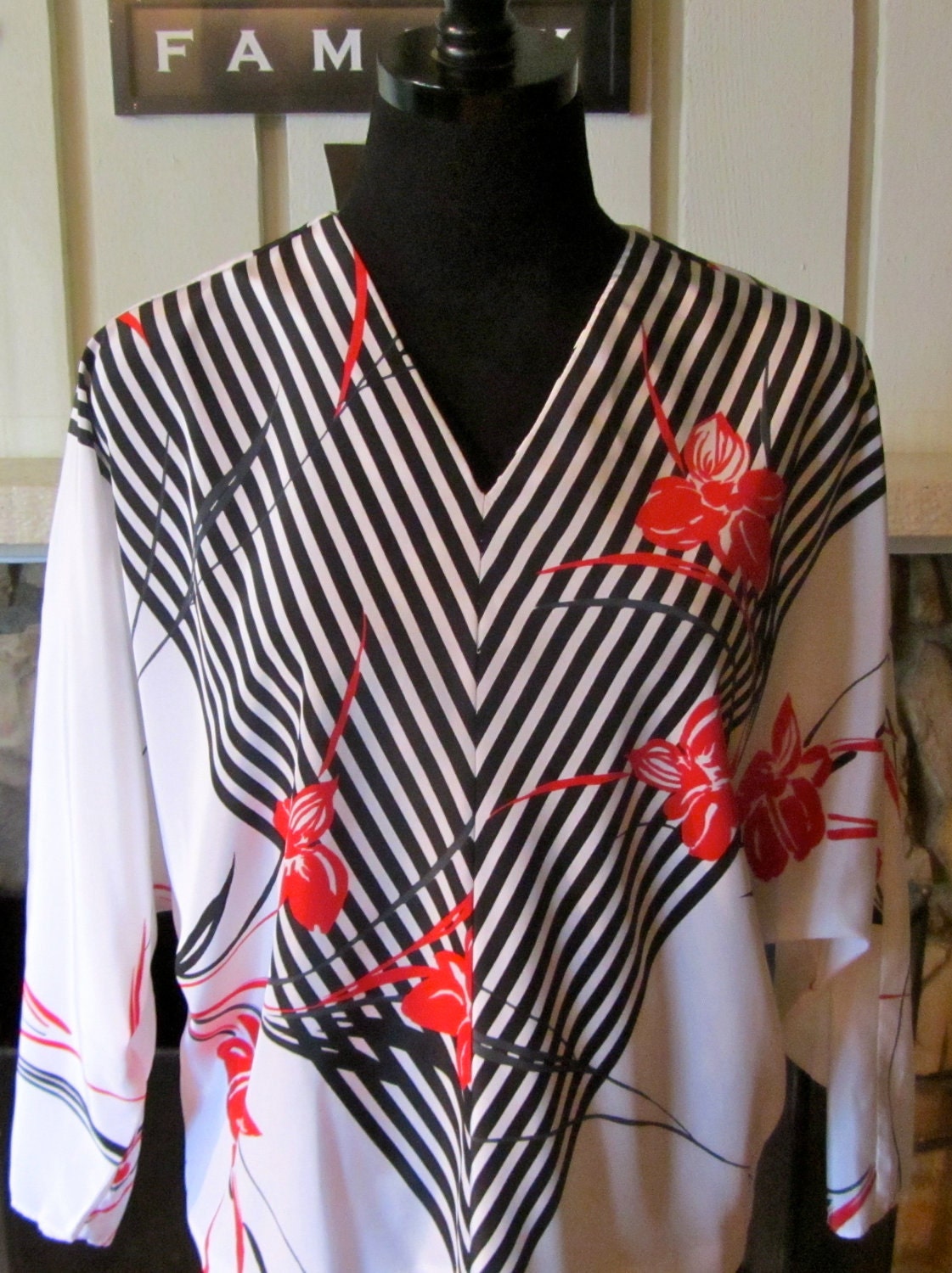 Vintage White, Blue and Red Batwing blouse