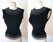 Dazzling 1950's black velvet top with hand beaded fringe vlv holiday Mad Men - size Small