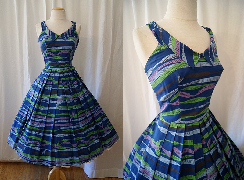 Adorable1950's cotton novelty print sun dress by Tabak of California bombshell chic Mad Men - Size Small