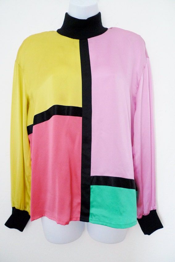 ON HOLD 80s Escada silk color block blouse with black cuffs and collar