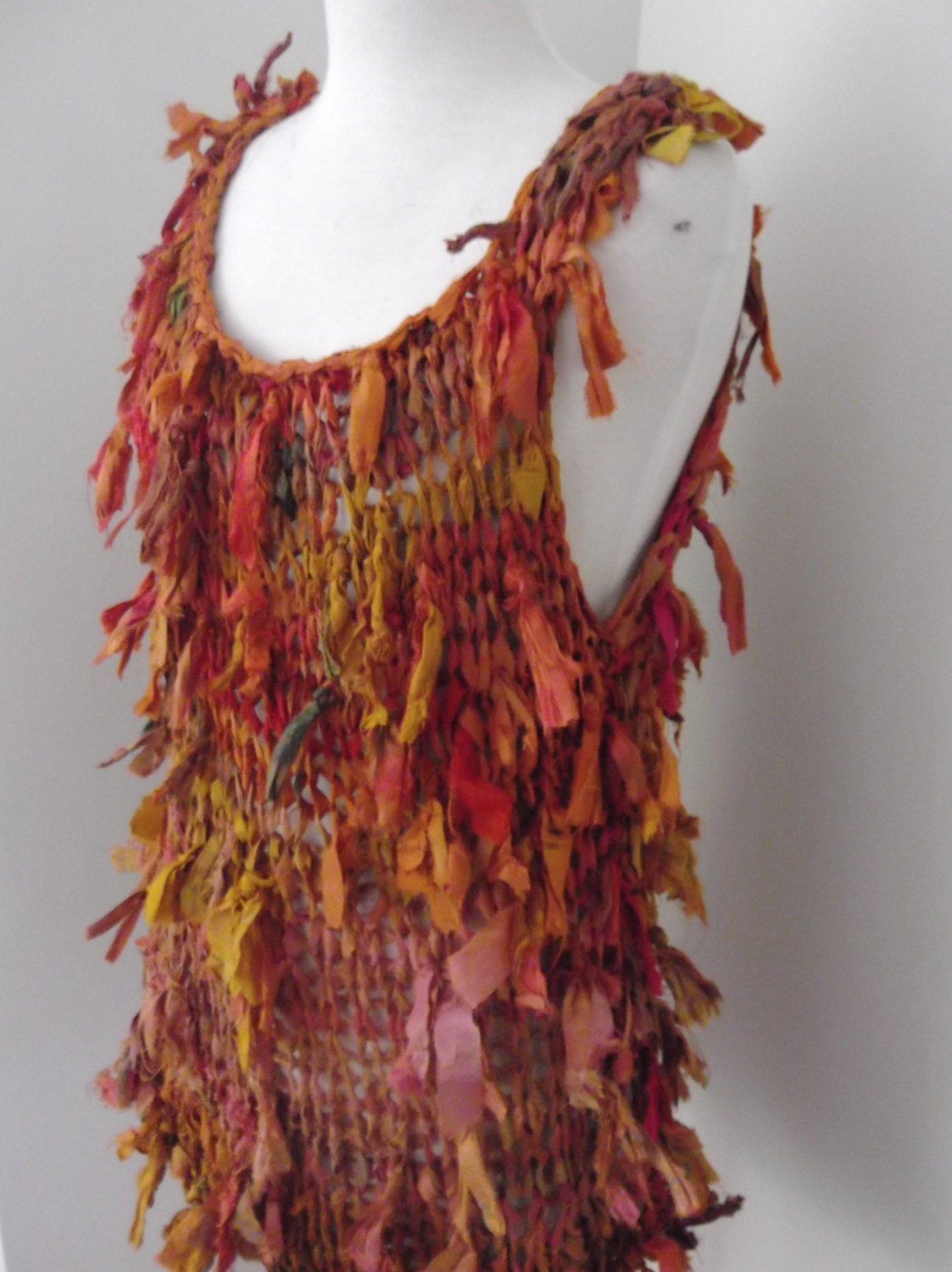 recycled silk faded pumpkin hand knit sleeveless over top by RawHemline on etsy