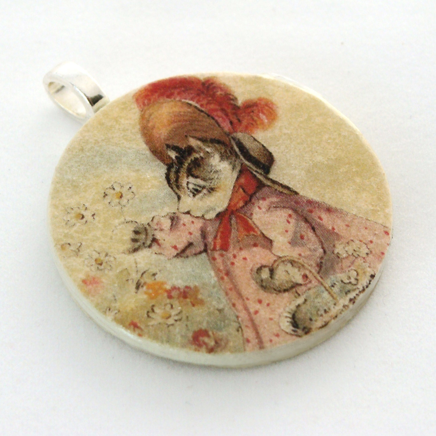 Pendant, Vintage Kitty in Dress, Handmade Decoupaged, FREE SHIPPING