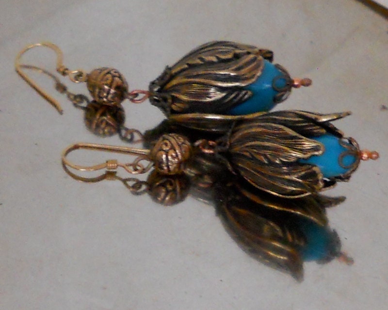 Stamped Brass and Turquoise Blue Flower Bud Earrings
