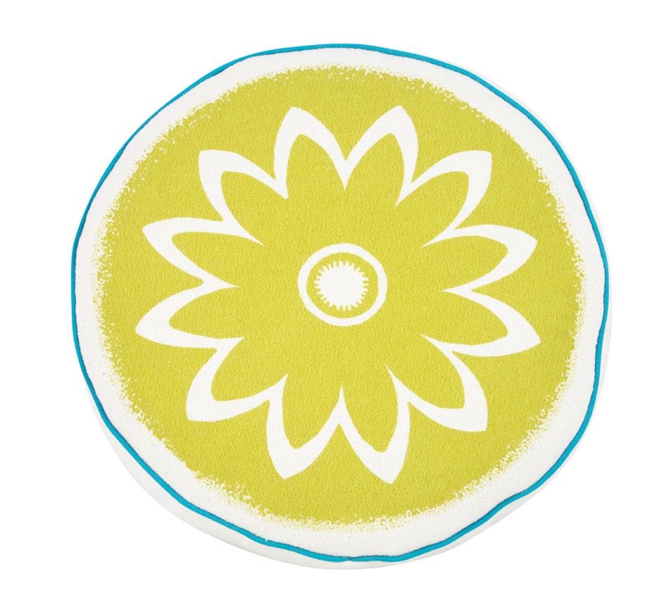 Play room floor cushion, round, 17" Yellow, Floral Sunflower, Reversible, Hand Printed on Cotton Bark Cloth, Ships Free