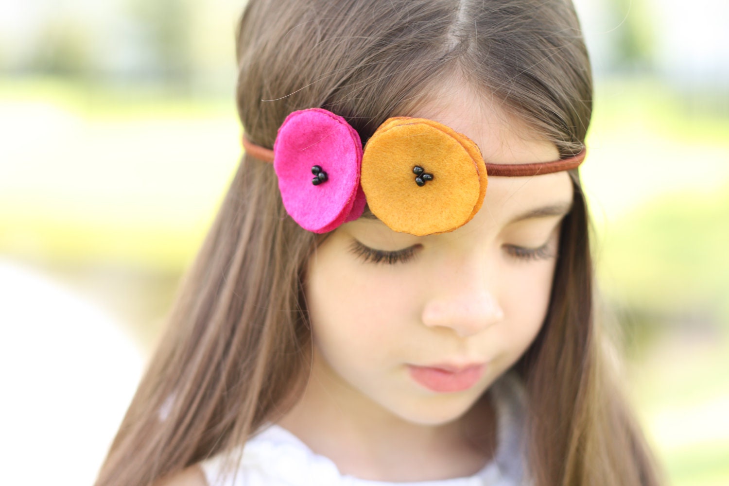 magenta and goldenrod felt poppy garland headband.
