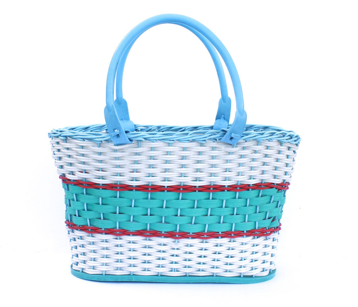 Blue basket, vintage plastic basket - shopping bag, blue, white, green