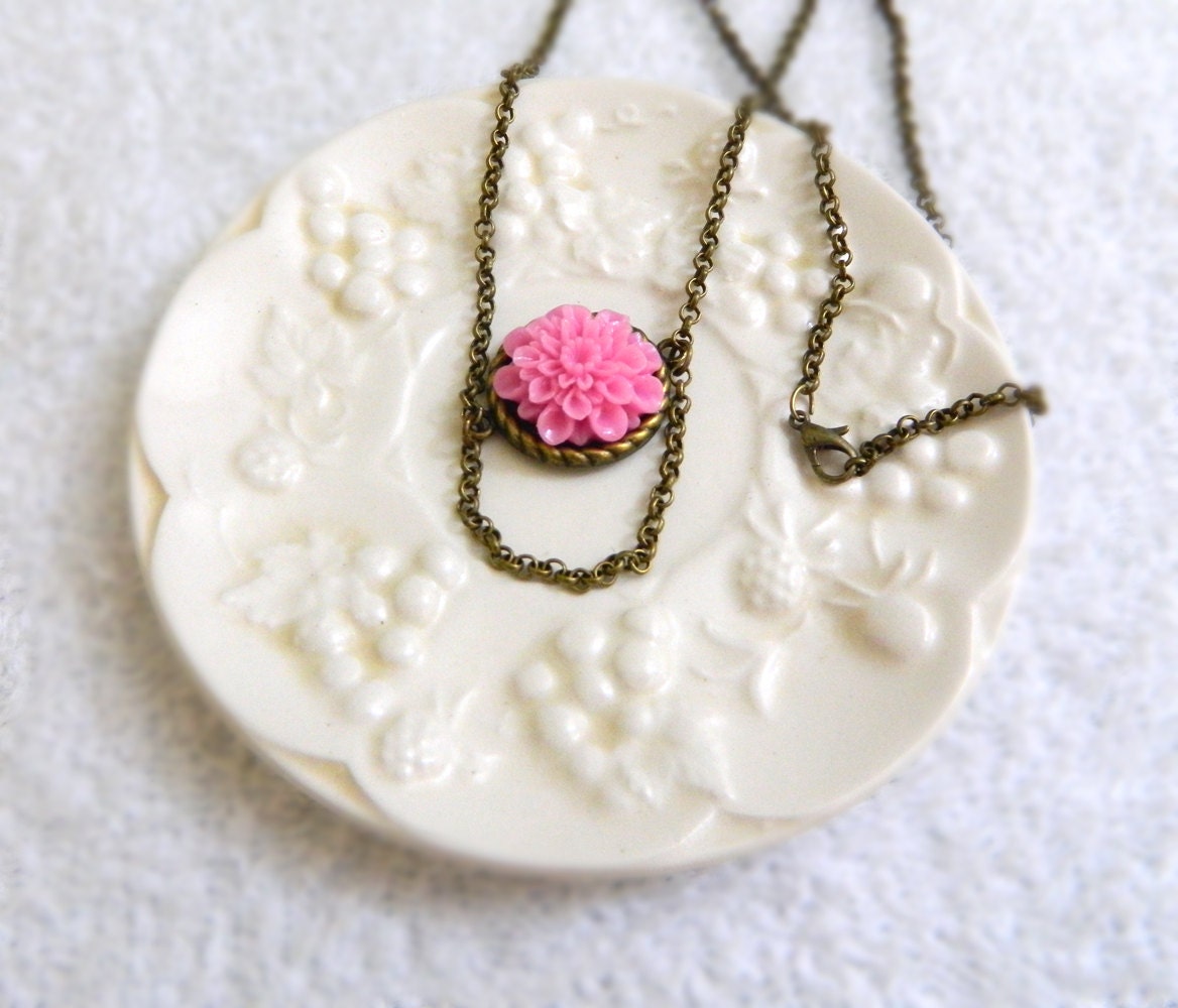 Pink Flower Necklace - Antique Bronze Cabochon