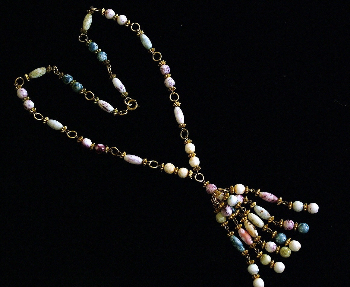 Vintage Necklace Glass Bead Tassel Drop Dangle Lavalier