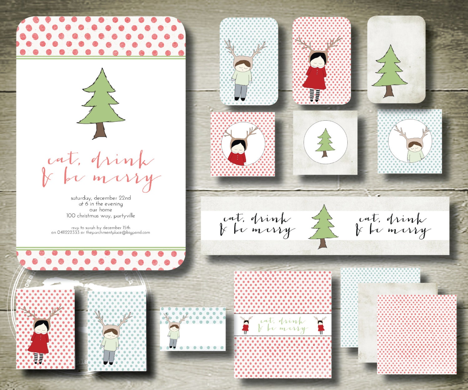 Eat Drink and Be Merry - hand illustrated (drawn) personalised Christmas (Holiday) invitation printable party package