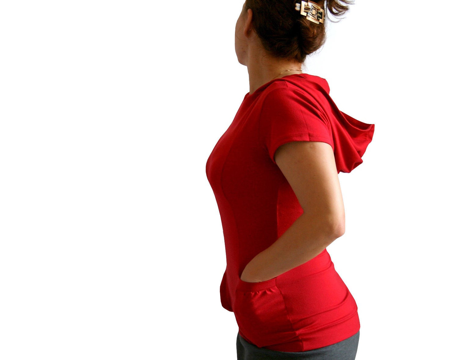 Red hoodie top with pockets - short or long sleeves - womens top/shirt