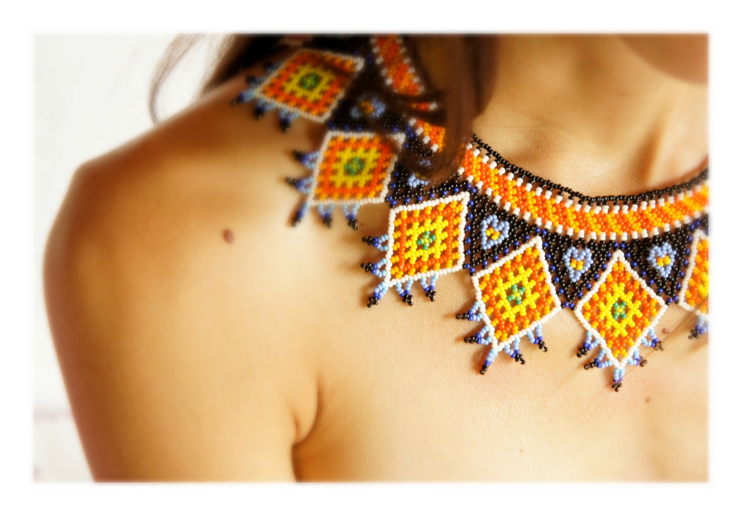 XOCHIL FUEGO Mexican Huichol Hand-Beaded Tribal Collar Necklace with Silver Clasp