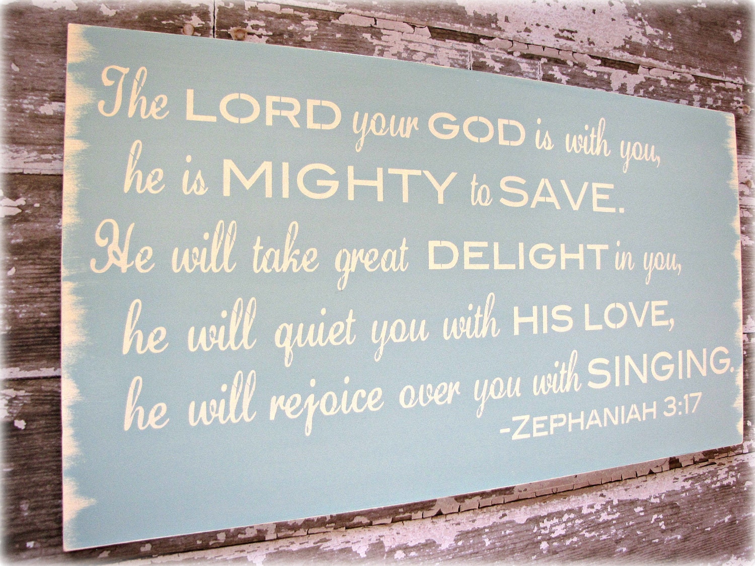 Mighty To Save- Christian Wall Decor - Antiqued Inspiration Sign - Ocean Blue