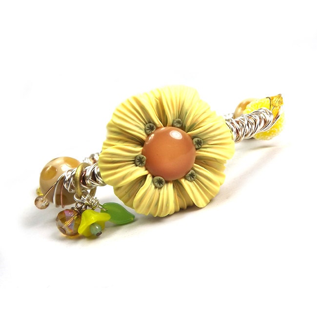 Woven Wire Beaded Bracelet - titled "Sunflower Fields" handmade artisan flower focal in yellow