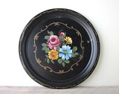 Black Metal Serving Tray with Hand Painted Flowers