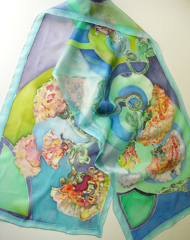 Hand dyed silk scarf - painted on ponge silk - Blue with decorative blooms - 45x180