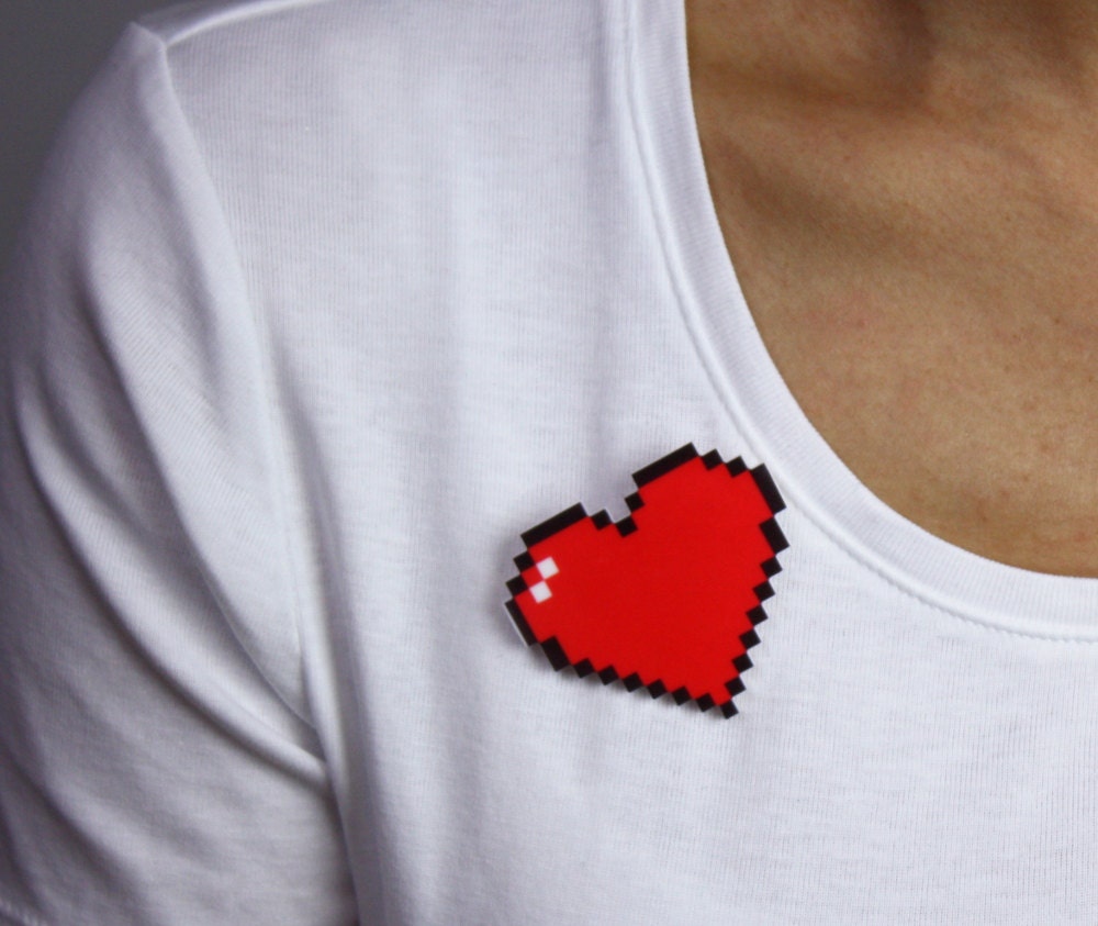 8 Bit Heart Brooch, Pixel Heart, Red