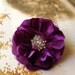 Tulle and satin flower puff clip or pin with large rhinestones in ivory, eggplant, chocolate brown, peachy pink, teal.