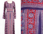 Vintage 70s INDIA batik maxi dress / Bell sleeves / Ultra thin cotton gauze