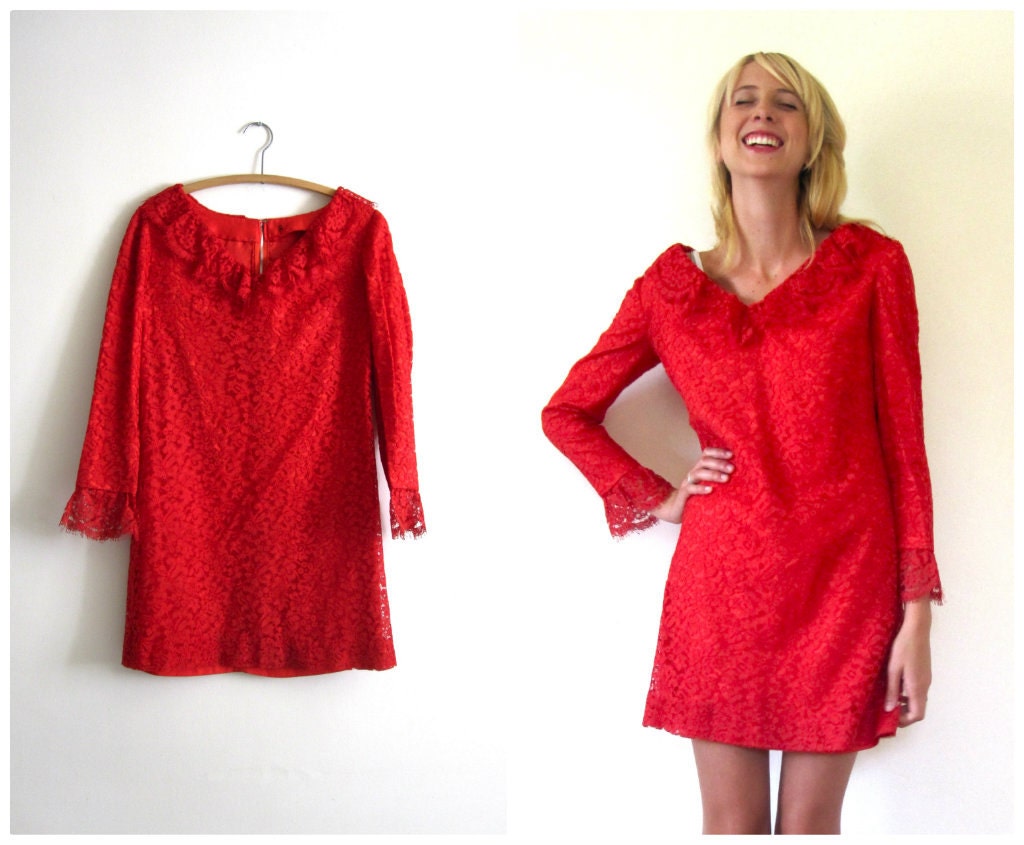 SALE Vintage 1960's Red Lace Mini Dress // Ruffle Shift // m - l