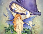 Fairy Art Print - 8.5x11 - Under the Purple Mushroom - fantasy, fairy, girl, magic, woodland, whimsical, blue