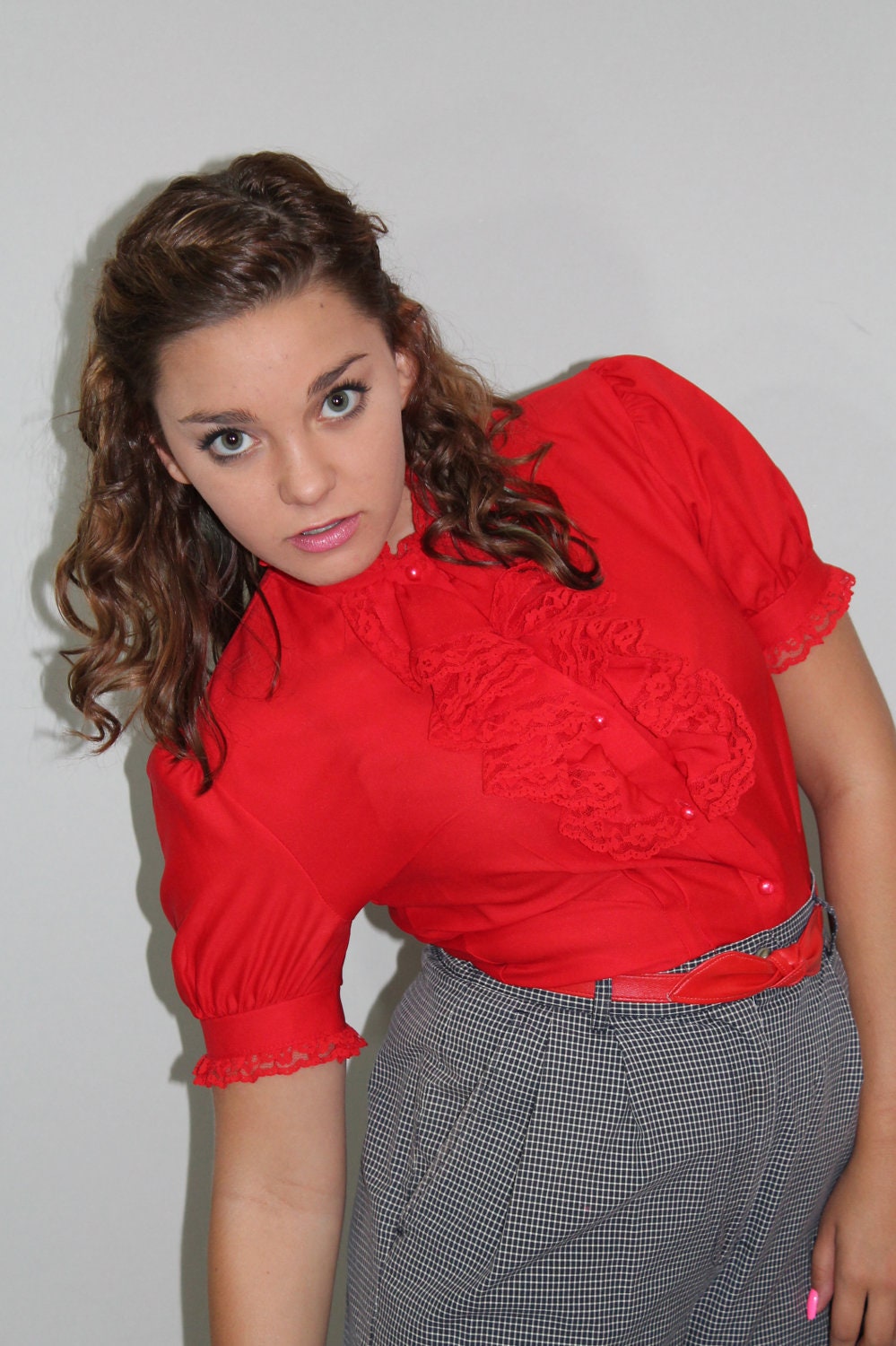 80s Victorian Blouse Secretary Shirt Ruffled Top Bright Red Short Sleeves Steampunk Vintage 1980s