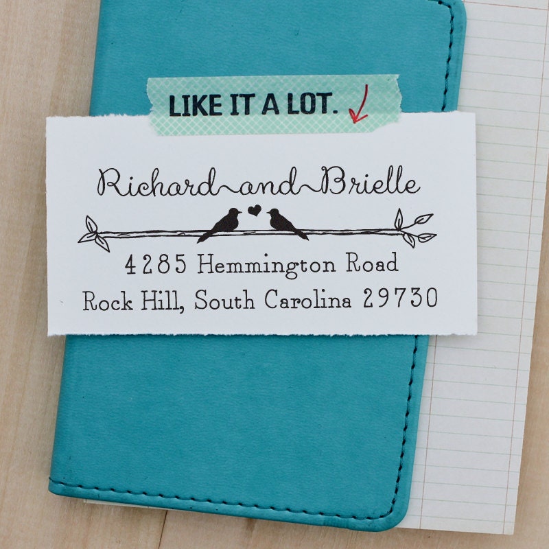 Custom Address Stamp - Eco Mount Rubber Stamp -Wedding Stamp - Rustic Two Birds in Love
