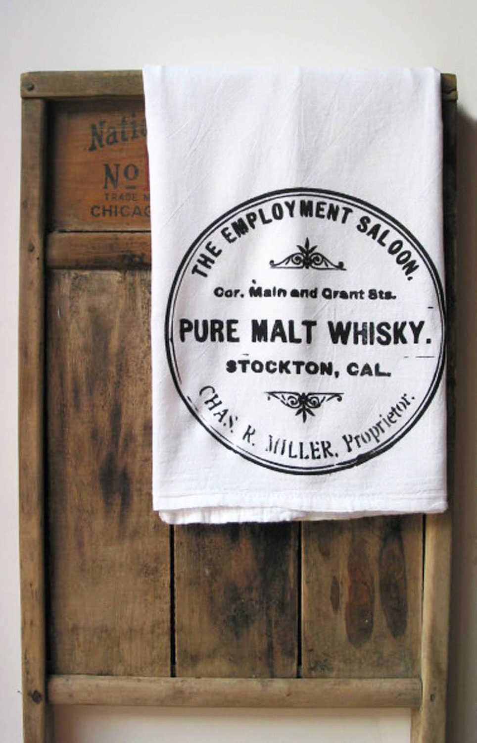 Floursack Towel Vintage Whisky Label Black White Screenprint Gift for Him - HummingbirdFactory