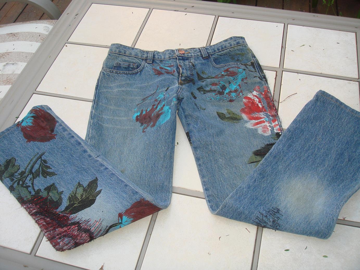 SaLE- Vintage ROBERTO CAVALLI Designer Hand Painted Distressed Jeans Denim size XS-SaLE