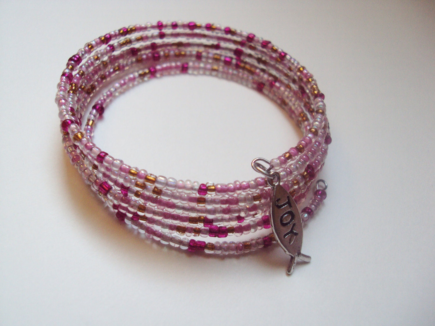 Pink Glass Bead Joy Memory Wire Wrapped Bracelet