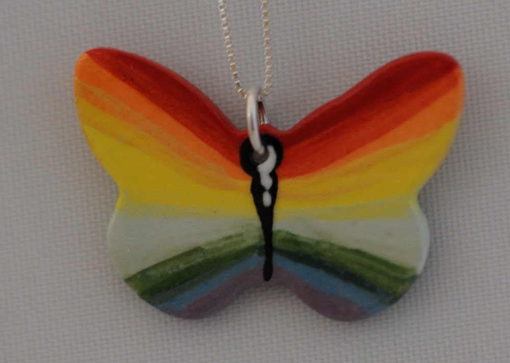 Double Rainbow Butterfly Necklace on 18" Sterling Silver Chain