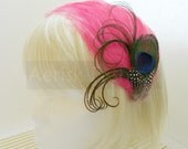 Peacock feather derby fascinator - Tara Design hot FLAMINGO PINK - CHOOSE headband, hair clip, or comb