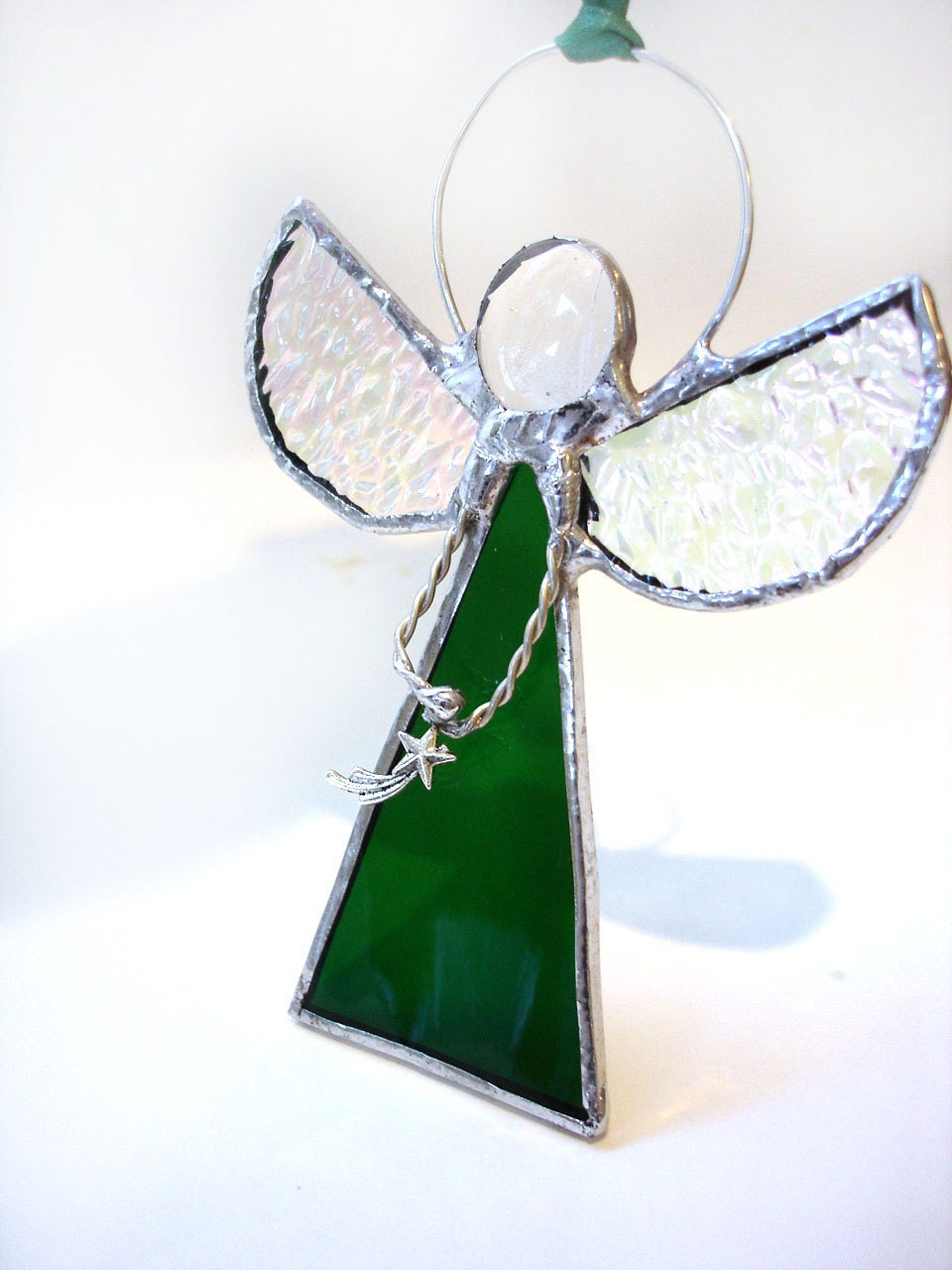 Angel suncatcher ornament stained glass decoration star charm green holiday Christmas