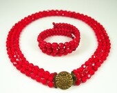 Vintage Red Glass Bead Necklace Memory Wire Coil Bracelet Set