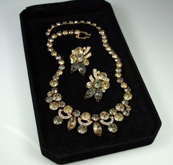 Vintage Necklace Earrings Eisenberg Ice Citrine Smoke Rhinestone Jewelry
