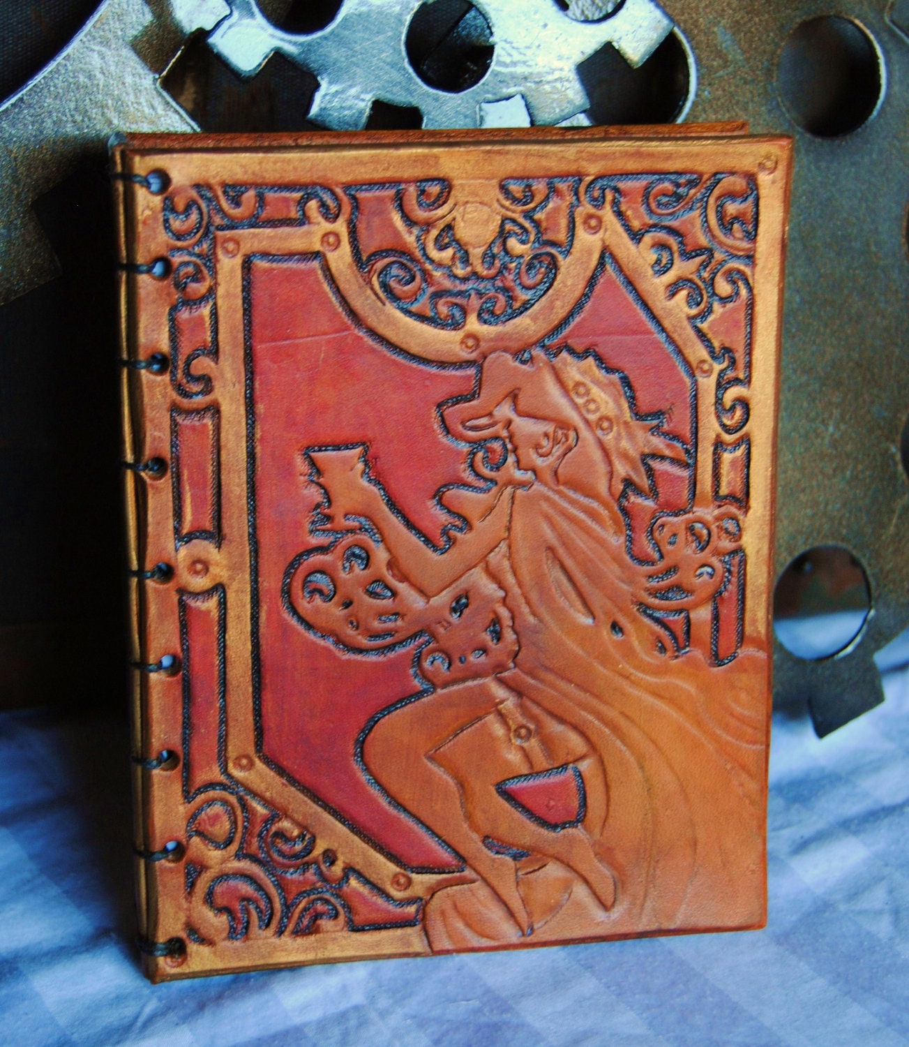 Hand-bound leather journal - art nouveau lady