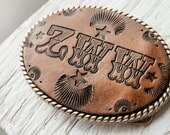 Leather Belt Buckle - Unisex hand tooled customized - OVAL Buckle - silver or brass - choice of stain color and initials