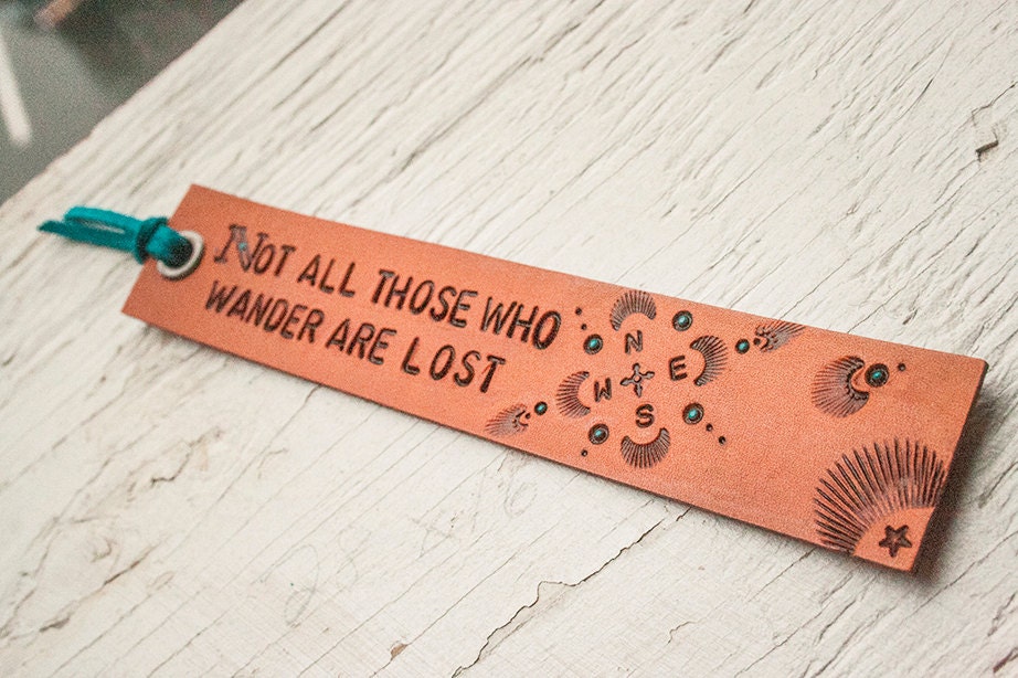 Leather bookmark -Not all those who wander are lost - J.R.R. Tolkien - Compass Rose - hand tooled leather - Made to Order