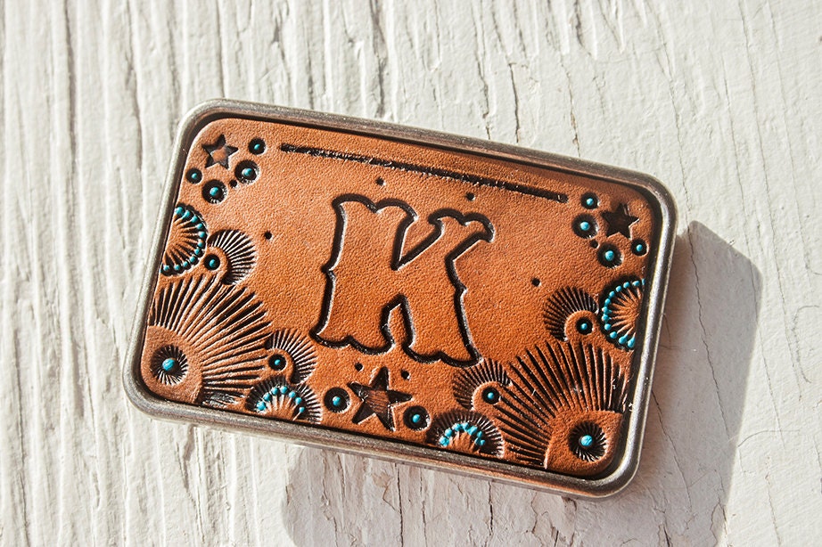 Leather Belt Buckle - Unisex hand tooled customized - antique brass or silver - your choice of stain color and initials