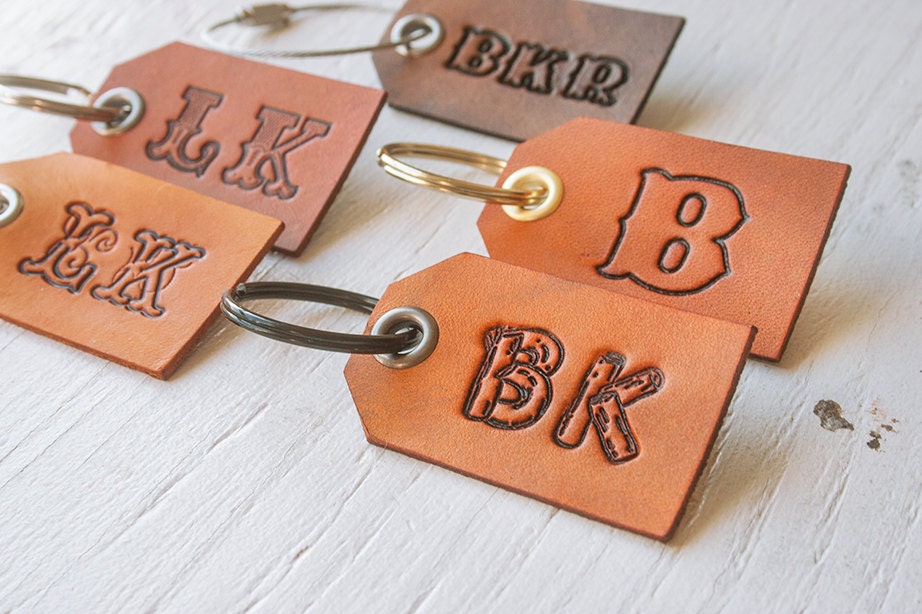 Mini Luggage Tag with Initials - pick Font, Initials, stain and grommet color - Giant key ring - Key ring - Leather Key fob