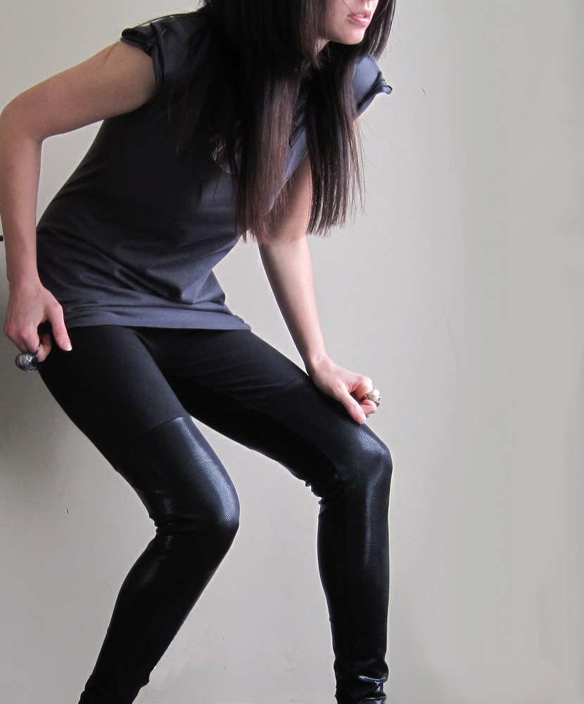 Cosmic midnight black leggings - shiny faux thigh hi style with metallic spandex - small