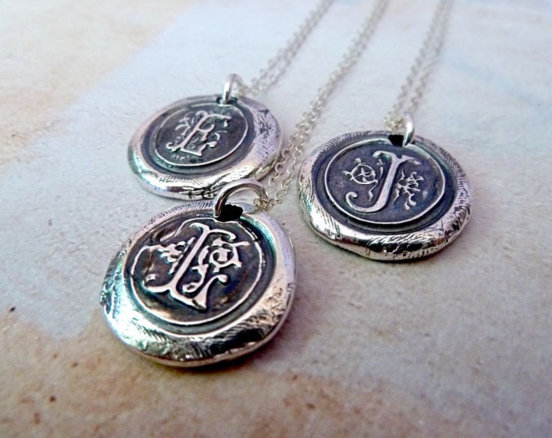 Silver Letter Pendant. Initial Monogram Wax Seal Necklace. Any Letter. Wax Seal Personalized Fine Silver Jewelry. Made to Order