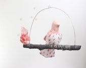 Baby Love Bird Mobile for Nursery Decoration - fabric sculpture on yarn wrapped branch in white, peppermint pink, and gray