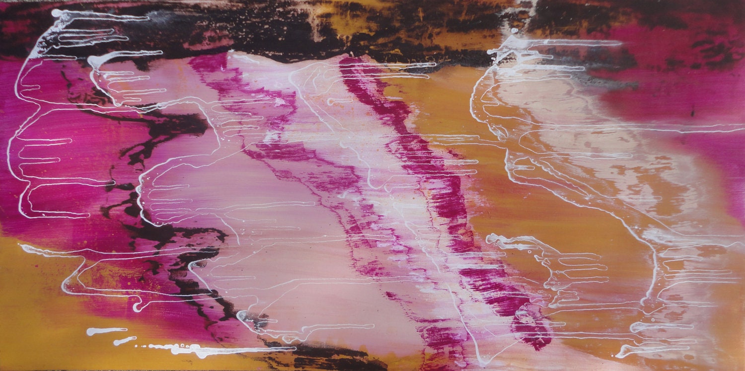 Botswana Abstract  painting, 18x36inch Canvas. Pink, magenta, brown, gold - LidmanArtsPlus